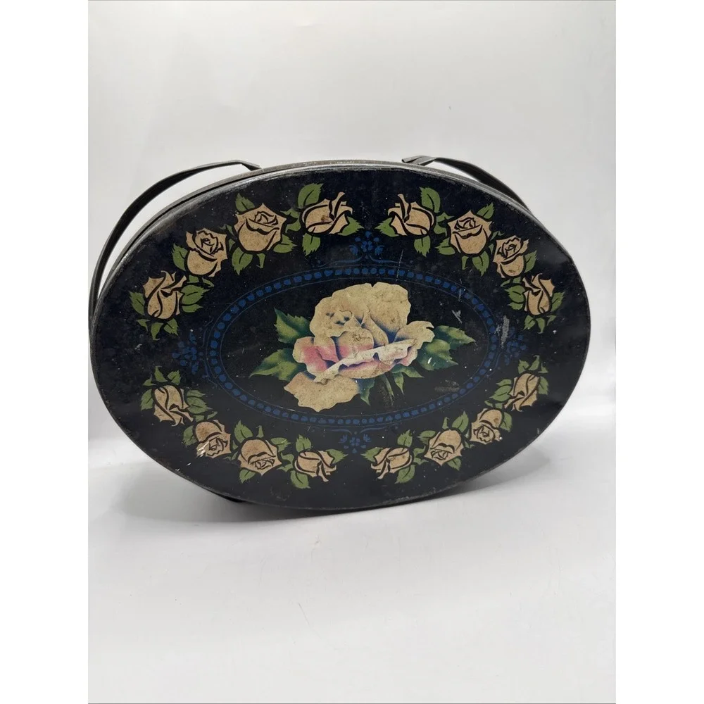 Vtg Tin Sewing Box Double Swing Handles Keepsake Storage Black & Roses 8.5